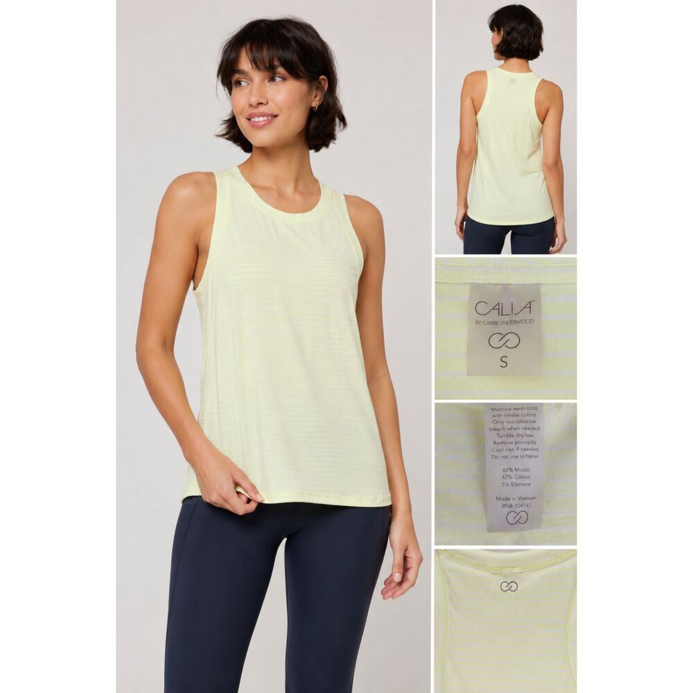 CALIA Carrie Underwood Small Neon Yellow Striped Athletic Running Tank Top #V
